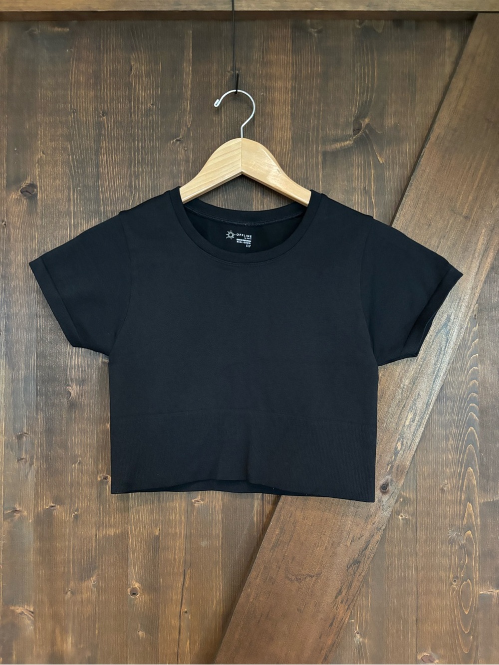 Offline by Aerie Real Good Black Cropped Short Sleeve Top
